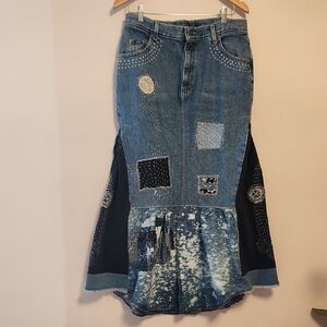 Upcycled Denim Skirt With Handmade Sashico Stitching Patchworking  Blue Size 14